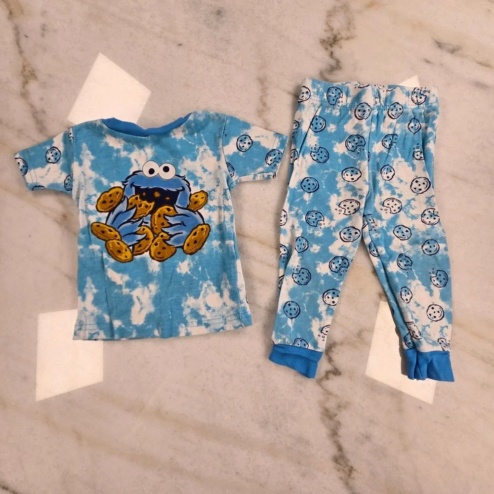 Disney Sesame Street Pajama Set Toddler 2T Blue Mickey Cookie Monster Kidcore